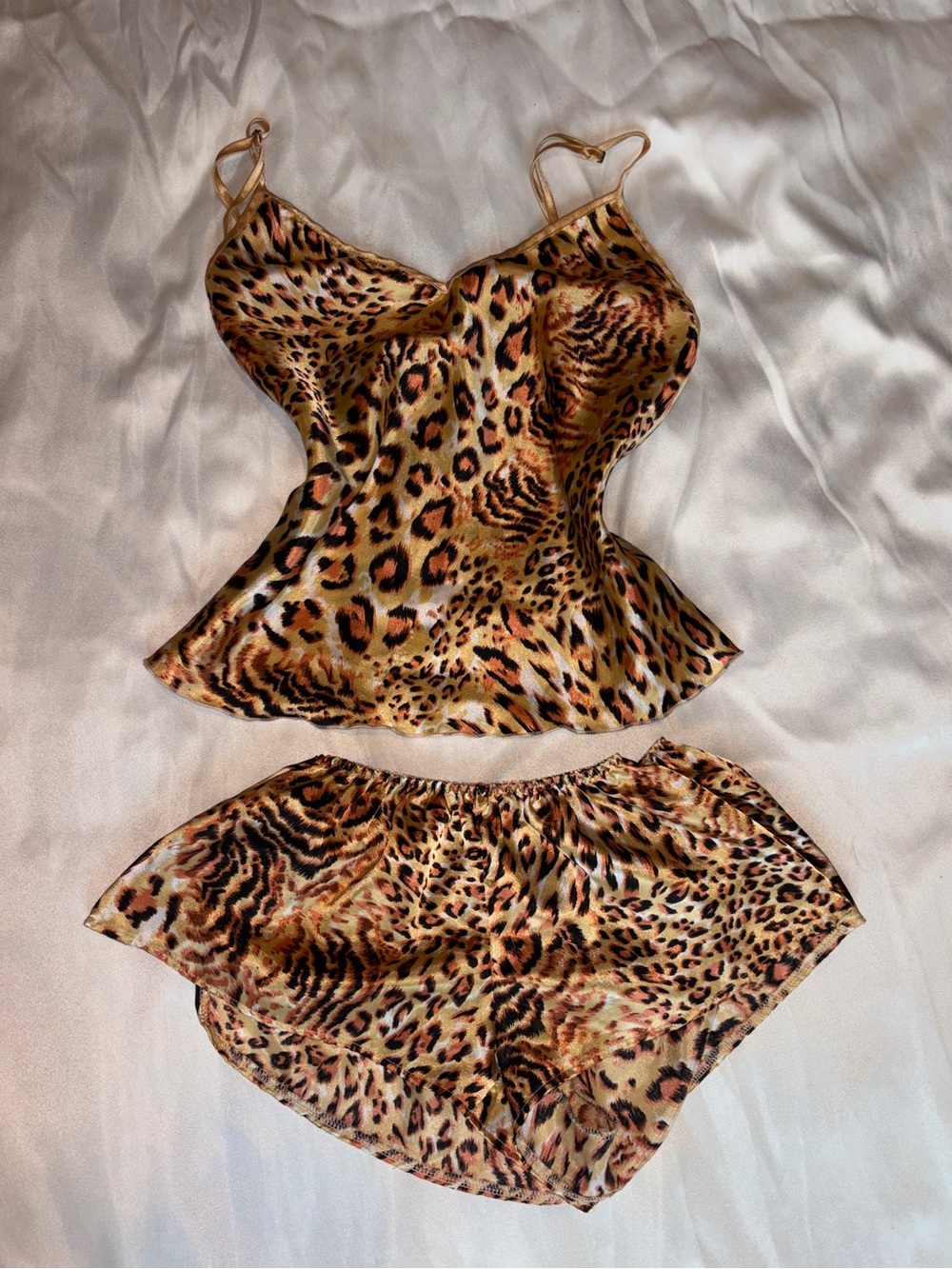 Vintage Y2K Leopard Print Satin-Look 2 Piece Pajama Set | Cami & Shorts
